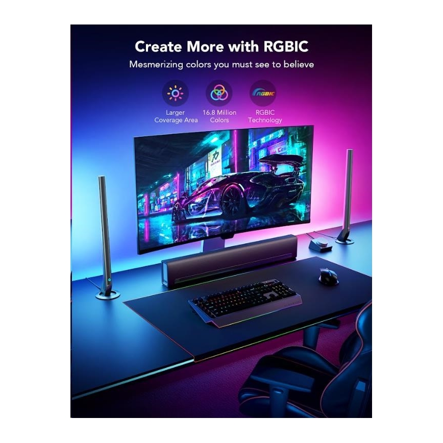 Govee - SET 2x Smart Gaming Wi-Fi LED RGBIC Panels + Smart Dual schwarz + Fernbedienung