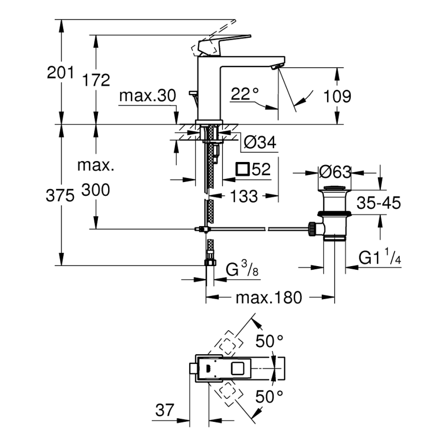 GROHE 23445000 - Waschtischarmatur EUROCUBE Größe M, glänzender Chrom