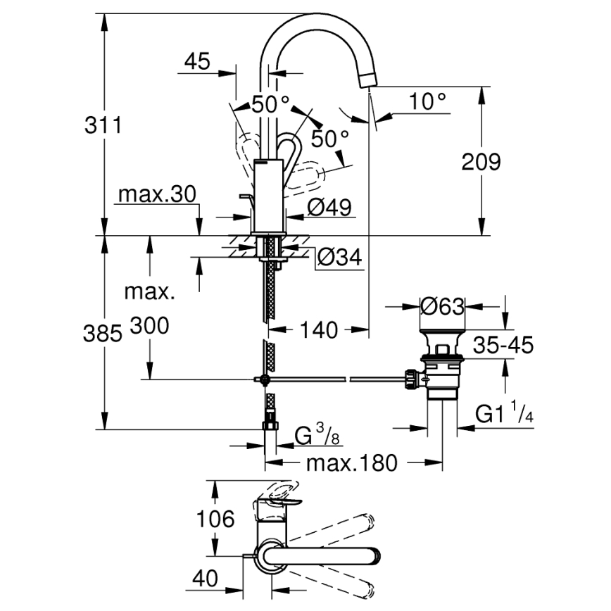 GROHE 23763000 - Waschtischarmatur BAULOOP, Größe L, glänzender Chrom