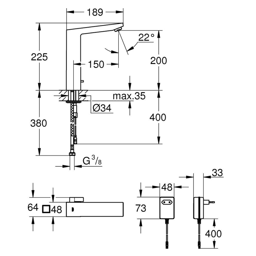 GROHE 36440000 - Infrarot-elektronische Waschtischarmatur EUROCUBE E DN 15 Chrom