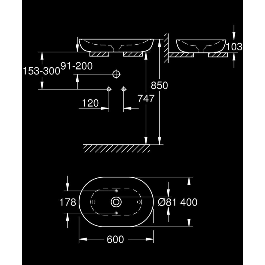 GROHE 3960800H - Aufsatzwaschbecken ESSENCE 600 × 400 mm Keramik/weiß