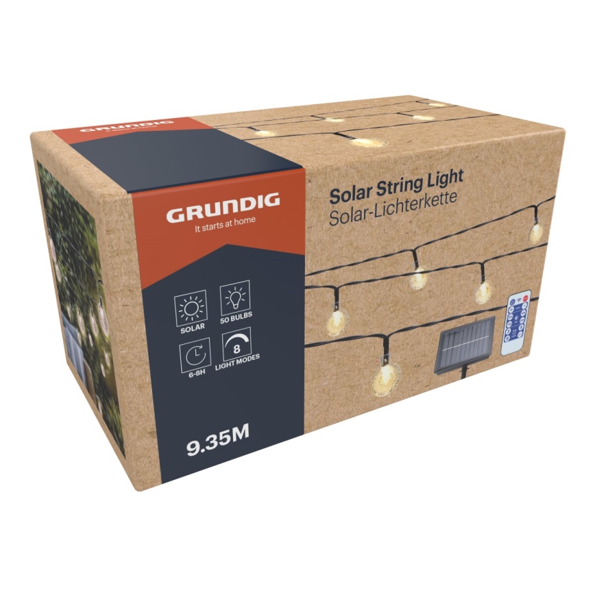 Grundig - Dimmbare LED-Solarlichterkette 50xLED/8 Funktionen 9,35m IP44 warmweiβ + Fernbedienung