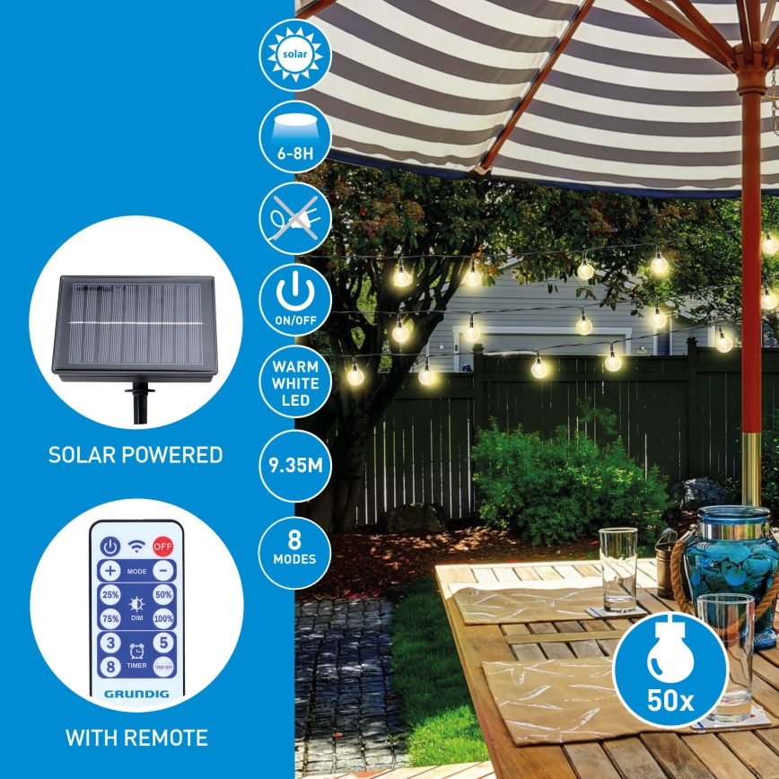 Grundig - LED dimmbare Solar-Lichterkette 50xLED/8 Funktionen 9,35 m warmweiß 1200 mAh + Fernbedienung