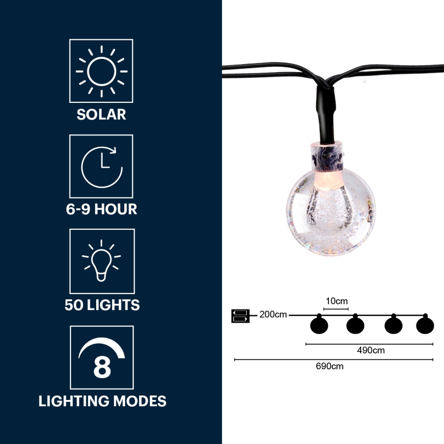 Grundig - LED Solar-Lichterkette 50xLED/8 Funktionen 6,9 m warmweiß 600 mAh