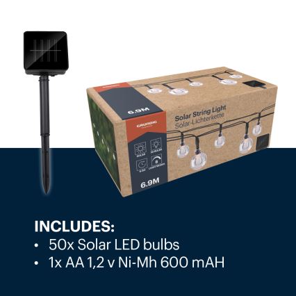 Grundig - LED-Solarlichterkette 50xLED/8 Funktionen 6,9m warmweiβ