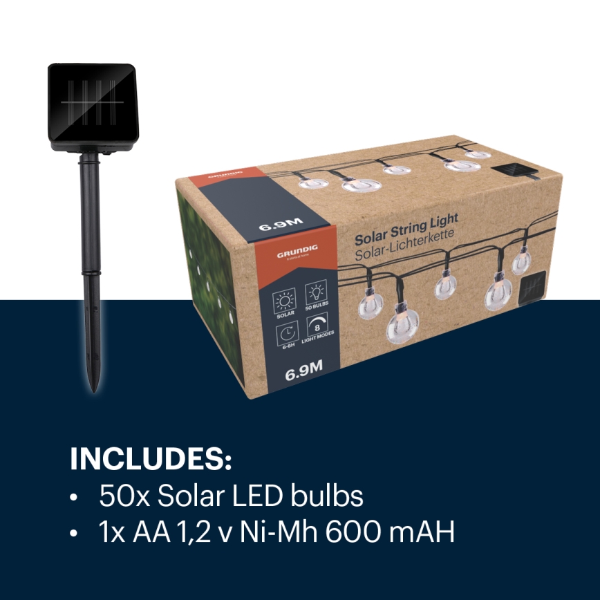 Grundig - LED-Solarlichterkette 50xLED/8 Funktionen 6,9m warmweiβ