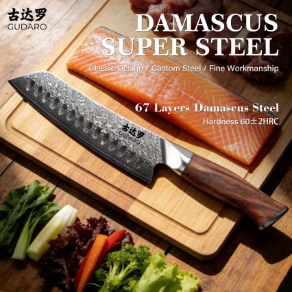 Gudaro - TAKUMI Santoku Damast-Küchenmesser 7, 67-lagiger Damaststahl, Klingenlänge 17,5 cm, Griff aus Walnussholz