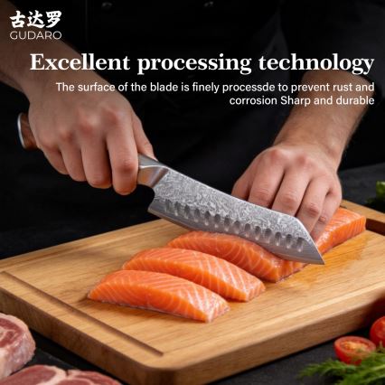 Gudaro - TAKUMI Santoku Damast-Küchenmesser 7, 67-lagiger Damaststahl, Klingenlänge 17,5 cm, Griff aus Walnussholz