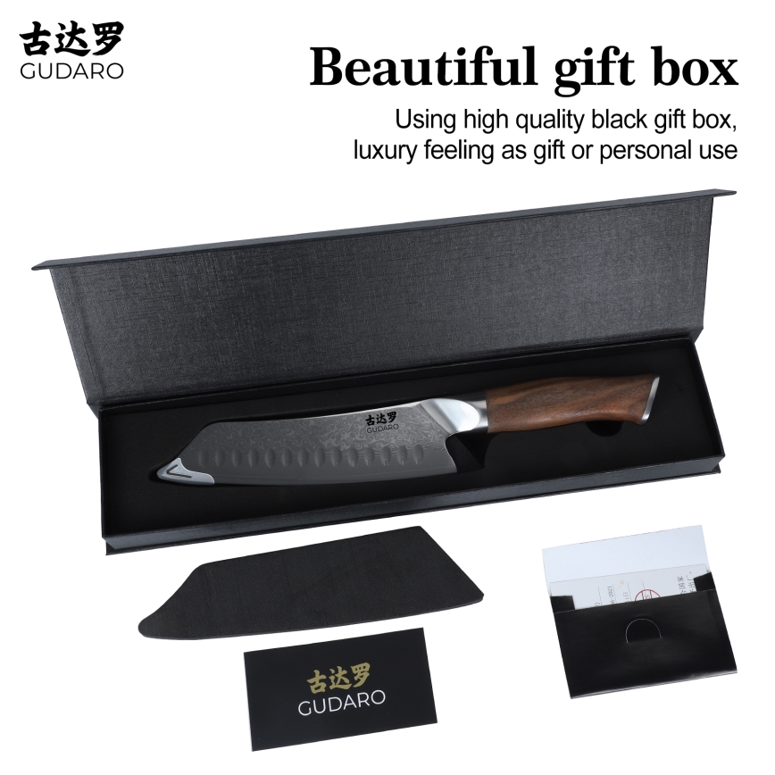 Gudaro - TAKUMI Santoku Damast-Küchenmesser 7, 67-lagiger Damaststahl, Klingenlänge 17,5 cm, Griff aus Walnussholz