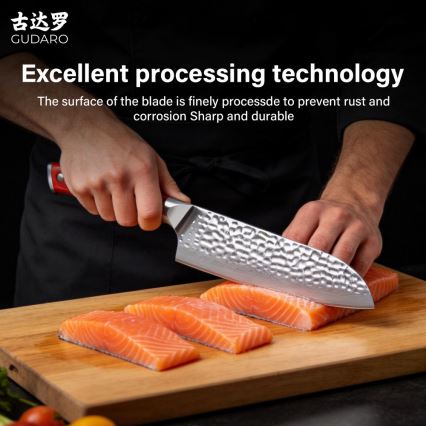 Gudaro - Damast-Santoku-Küchenmesser MIYABI 7, 67 Lagen Stahl, Klingenlänge 17,5 cm