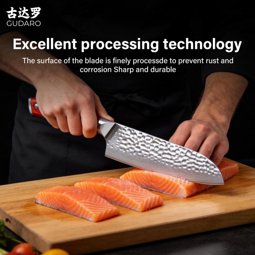 Gudaro - Damast-Santoku-Küchenmesser MIYABI 7, 67 Lagen Stahl, Klingenlänge 17,5 cm