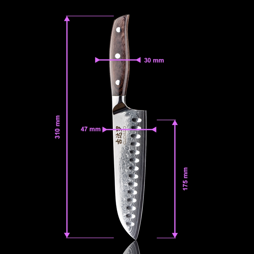 Gudaro - Damast-Santoku-Küchenmesser SHIRO 7, aus 67 Lagen Stahl, Klingenlänge 17,5 cm