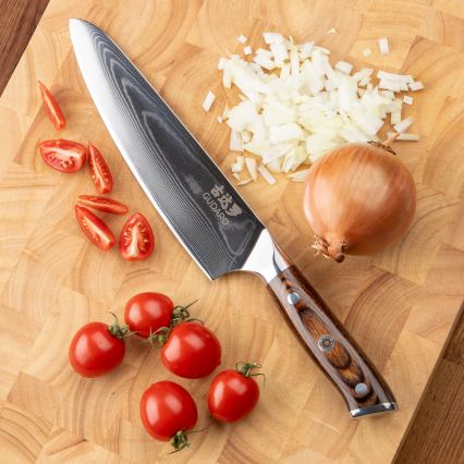 Gudaro - Set: 1x Damast-Kochmesser FENG 8, 67 Lagen Stahl, Klingenlänge 20 cm + 1x Damast-Santoku-Messer FENG 7,5, 67 Lagen Stahl, Klingenlänge 18 cm + 1x GRATIS Damast-Küchenmesser FENG 3,5, 67 Lagen Stahl, Klingenlänge 9,5 cm