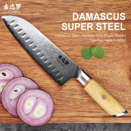 Gudaro - Damast-Santoku-Küchenmesser HIKARI 7, aus 67 Lagen Damaststahl, Länge 17,5 cm