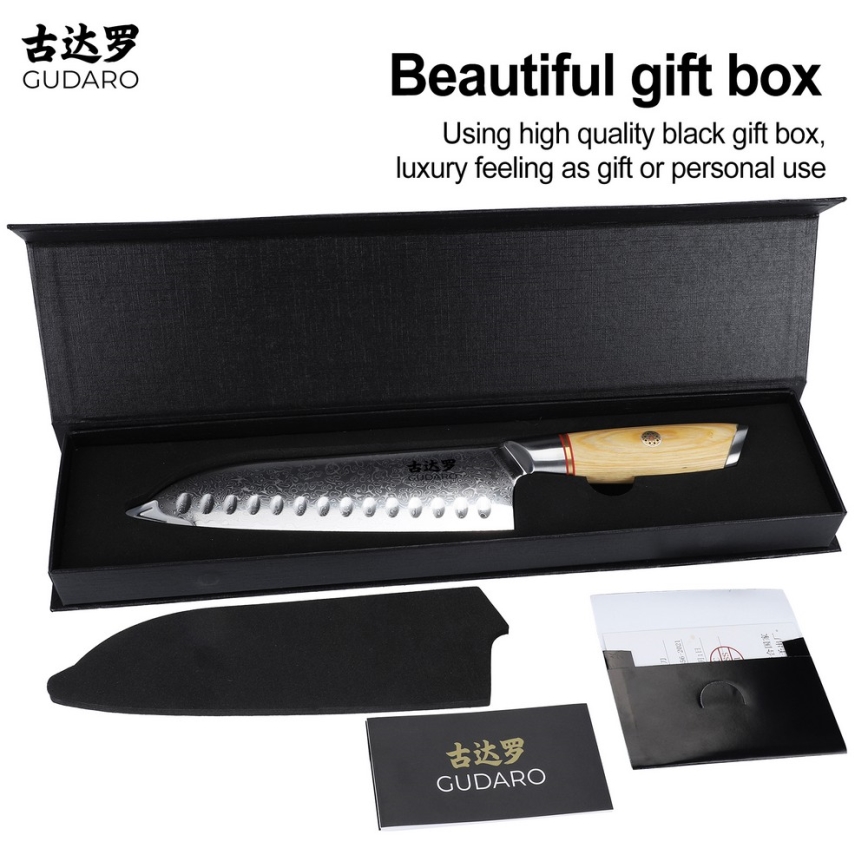 Gudaro - Damast-Santoku-Küchenmesser HIKARI 7, aus 67 Lagen Damaststahl, Länge 17,5 cm