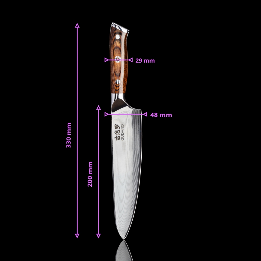 Gudaro - SET 1x Damast-Kochmesser FENG 8, aus 67 Lagen Damaststahl, Länge 20 cm + 1x Damast-Santoku-Küchenmesser FENG 7,5, aus 67 Lagen Damaststahl, Länge 18 cm + 1x GRATIS Damast-Obstmesser FENG 3,5, aus 67 Lagen Damaststahl, Länge 9,5 cm