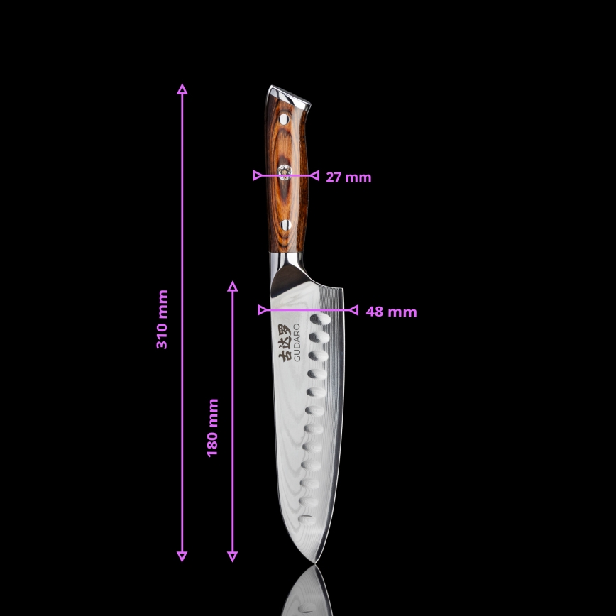 Gudaro - SET 1x Damast-Kochmesser FENG 8, aus 67 Lagen Damaststahl, Länge 20 cm + 1x Damast-Santoku-Küchenmesser FENG 7,5, aus 67 Lagen Damaststahl, Länge 18 cm + 1x GRATIS Damast-Obstmesser FENG 3,5, aus 67 Lagen Damaststahl, Länge 9,5 cm