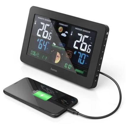 Hama – Wetterstation mit Farb-LCD-Display und Wecker + USB schwarz