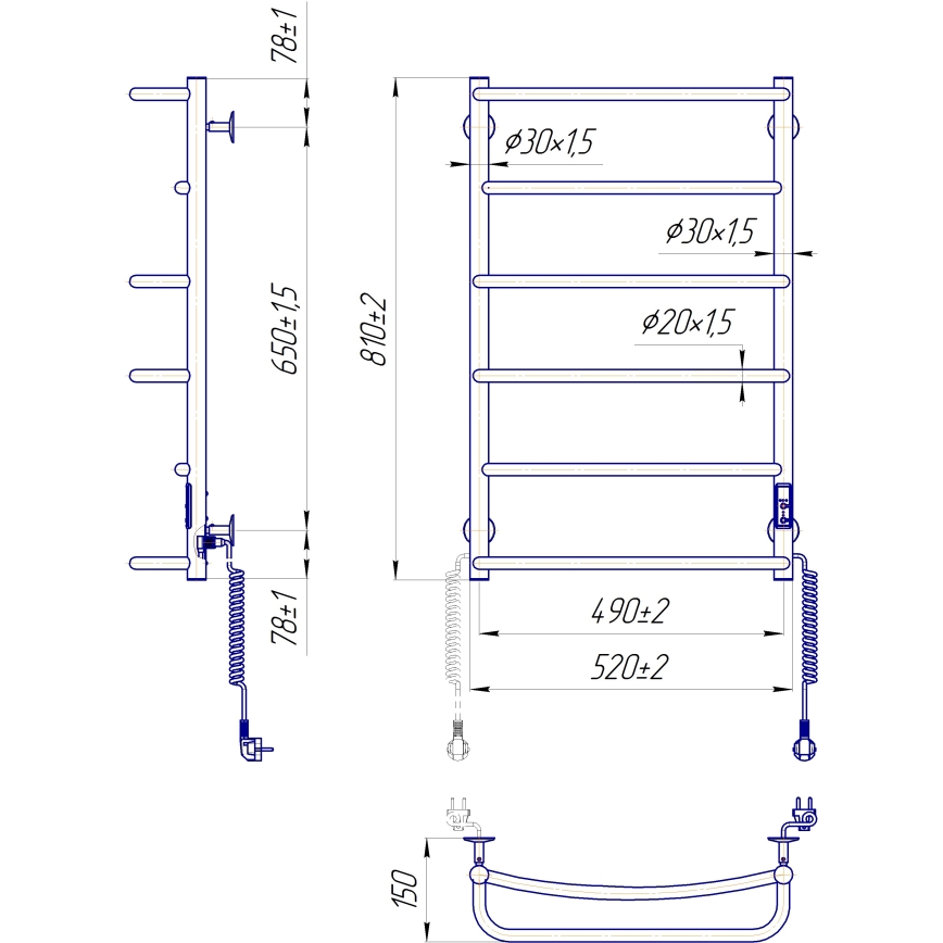 Handtuchheizkörper für Badezimmer LUX 105W/230V 81x52 cm Edelstahl/Weiß, rechts
