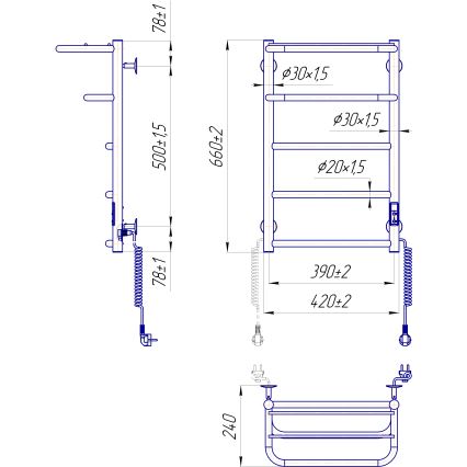 Handtuchheizkörper HOTEL 75W/230V 65x43 cm Edelstahl/schwarz rechts