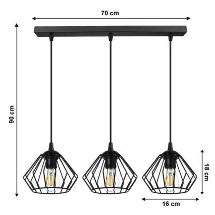 Hängeleuchte an Schnur CEED 3xE27/60W/230V schwarz