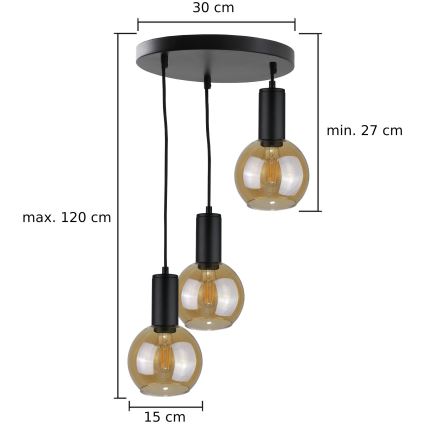 Hängeleuchte an Schnur JANTAR BLACK 3xE27/60W/230V d 30 cm