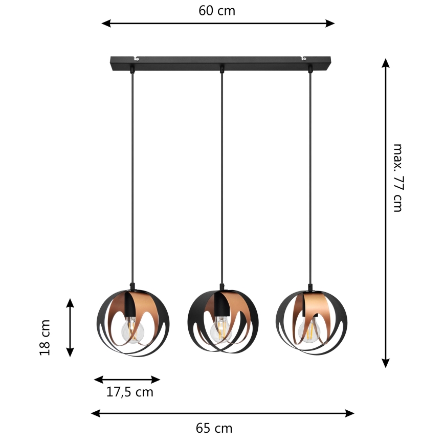 Hängeleuchte an Schnur MOONLIGHT 3xE27/15W/230V schwarz/Kupfer