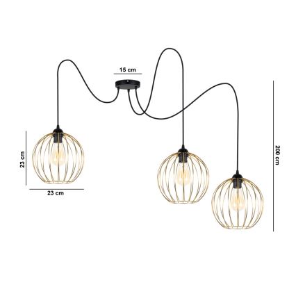 Hängeleuchte MATT 3xE27/60W/230V Spinne schwarz/golden