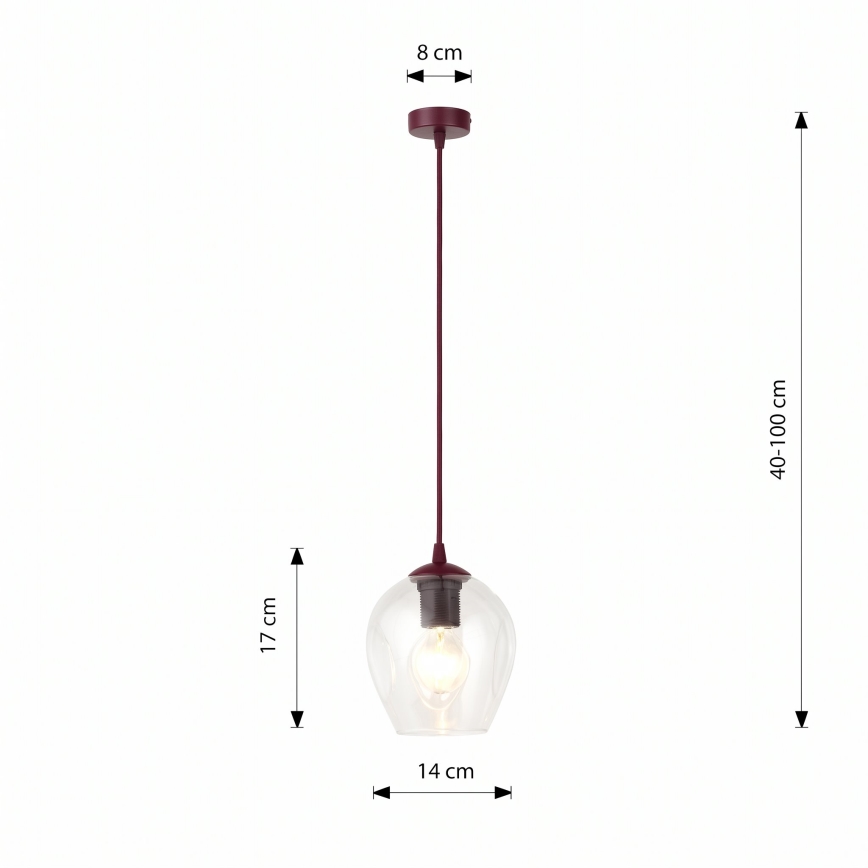 Hängeleuchte mit Kabel ISTAR 1xE27/15W/230V Ø 14 cm rot/klar