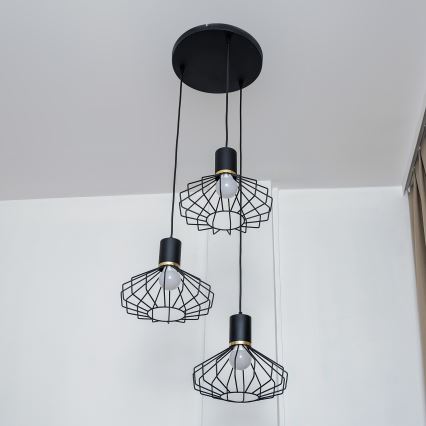 Hängeleuchte mit Kabel SOLANO 3xE27/15W/230V schwarz/gold