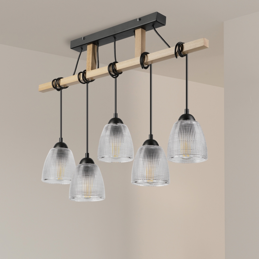 Hängeleuchte mit Kabelaufhängung LEANDRA 5xE27/15W/230V Eiche/Schwarz