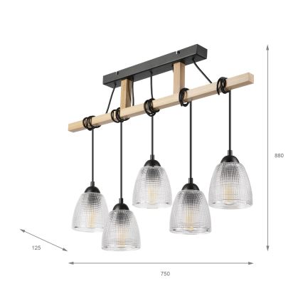 Hängeleuchte mit Kabelaufhängung LEANDRA 5xE27/15W/230V Eiche/Schwarz