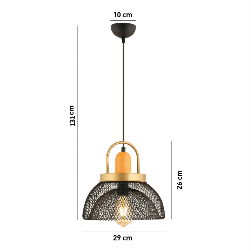 Hängeleuchte MONZA mit Seilabhängung – 1xE27/40W/230V, Ø 29 cm, schwarz/gold