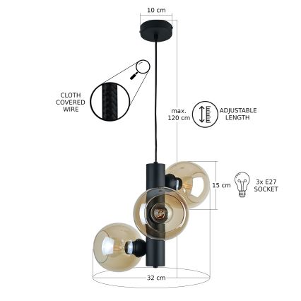 Hängeleuchte TUBE 3xE27/60W/230V schwarz/rauchig beige