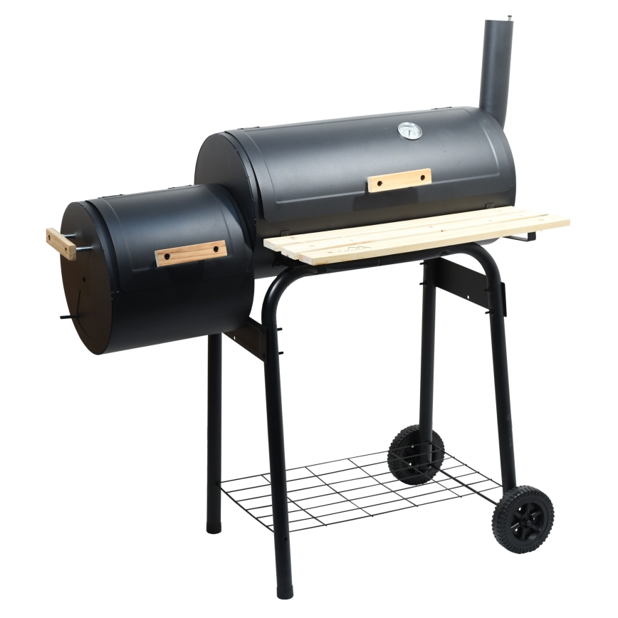 Holzkohlegrill mit Räucherkammer schwarz/Holz