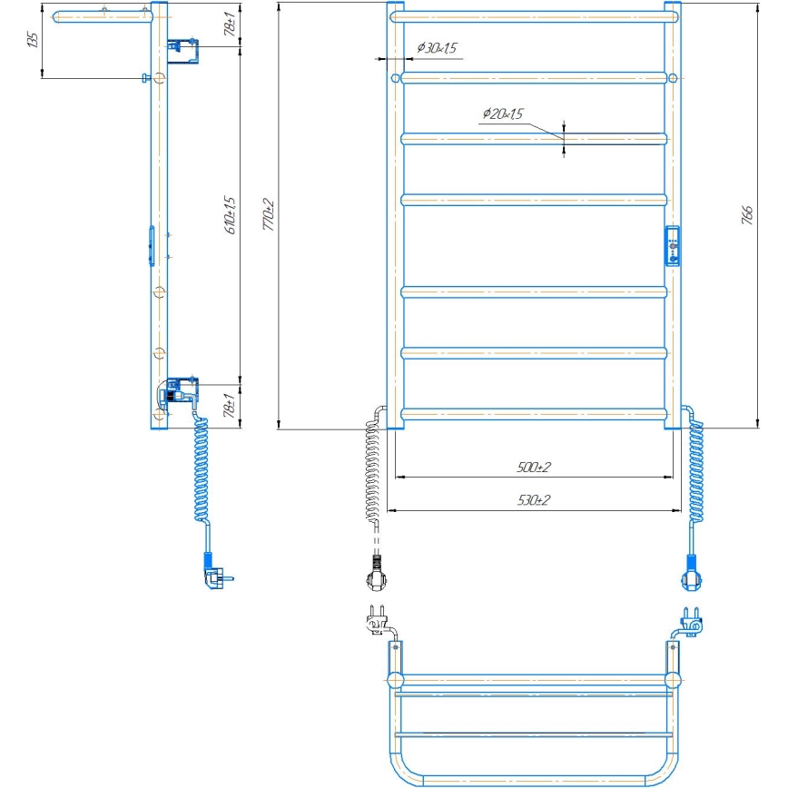 HOME Handtuchheizkörper für Badezimmer 95W/230V 77x53 cm Edelstahl/Chrom, rechts