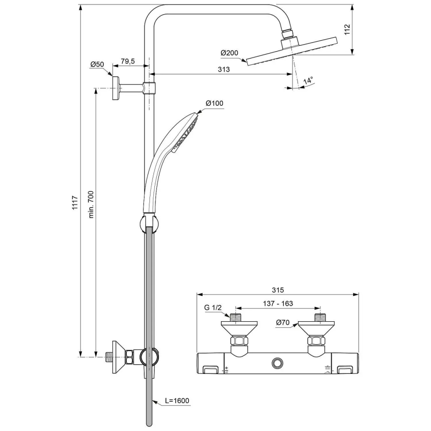 Ideal Standard A7208AA - Duschset mit thermostatischer Armatur CERATHERM T25, Hochglanz-Chrom