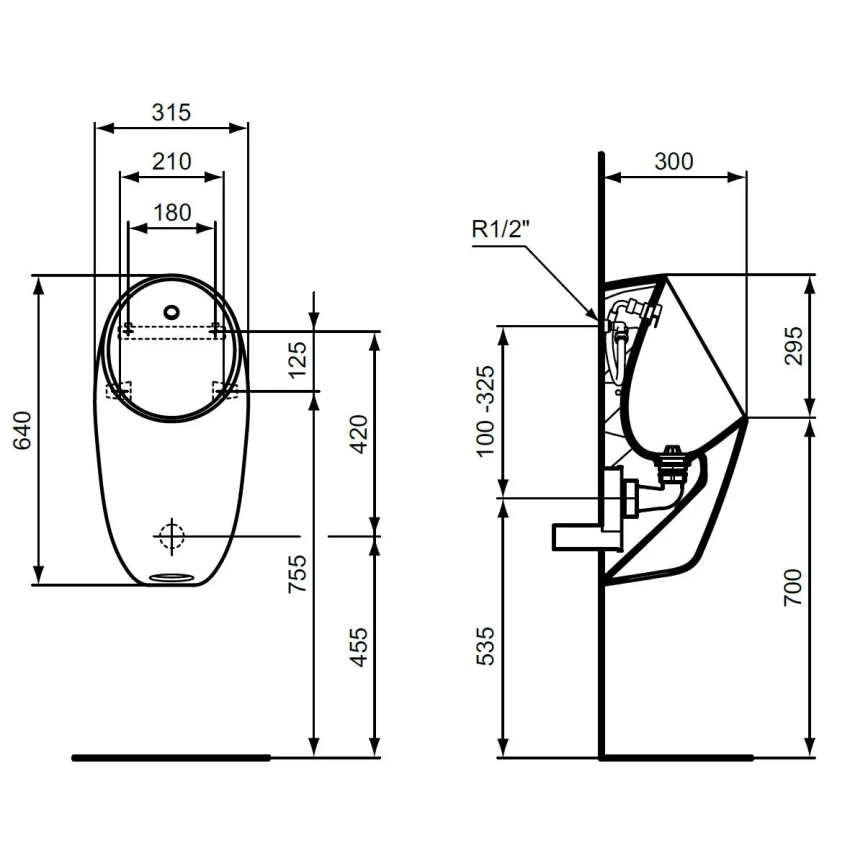 Ideal Standard E253701 - Urinal I.LIFE, Wasseranschluss hinten, Ablauf hinten, Keramik/weiß