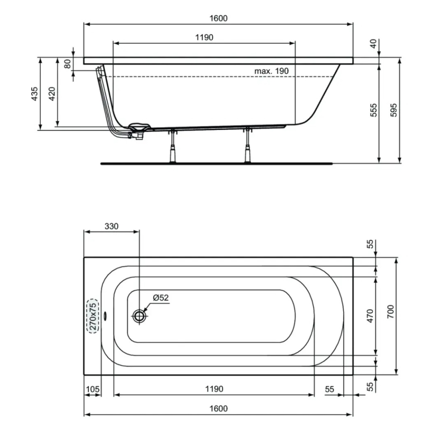 Ideal Standard W004301 - Badewanne SIMPLICITY 160x70 cm Acryl/weiß