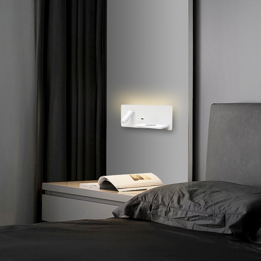 Immax 08285L - LED-Wand-Spotleuchte mit Ablage, USB-Anschluss und kabelloser Aufladung Be PREPARE LED/3W/230V + LED/3W weiß