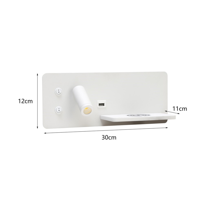 Immax 08285L - LED-Wand-Spotleuchte mit Ablage, USB-Anschluss und kabelloser Aufladung Be PREPARE LED/3W/230V + LED/3W weiß