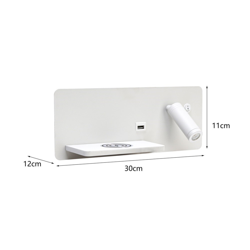 Immax 08286L - LED-Wandstrahler mit Ablage, USB-Anschluss und kabelloser Aufladung Be PREPARE LED/3W/230V + LED/3W weiß