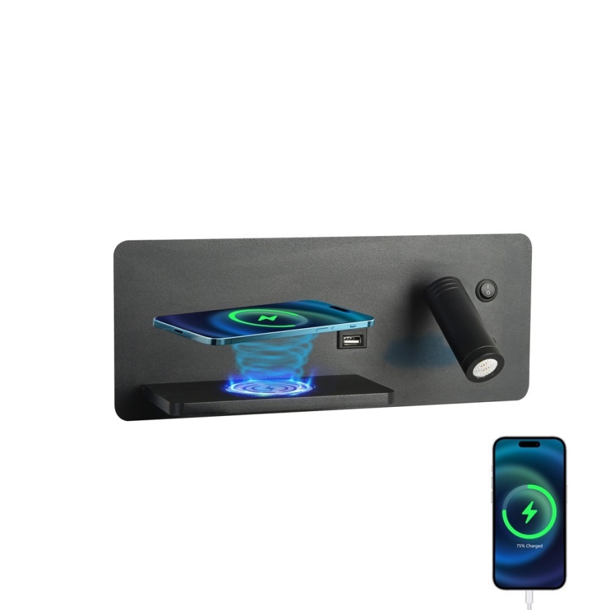 Immax 08288L - LED-Wandstrahler mit Ablage, USB-Anschluss und kabelloser Aufladung Be PREPARE LED/3W/230V + LED/3W schwarz