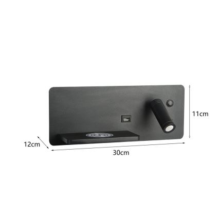 Immax 08288L - LED-Wandstrahler mit Ablage, USB-Anschluss und kabelloser Aufladung Be PREPARE LED/3W/230V + LED/3W schwarz