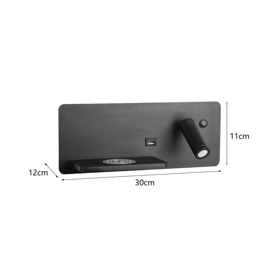 Immax 08288L - LED-Wandstrahler mit Ablage, USB-Anschluss und kabelloser Aufladung Be PREPARE LED/3W/230V + LED/3W schwarz