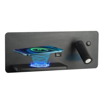 Immax 08288L - LED Wandleuchte mit Spot und Ablage, USB-Anschluss sowie kabelloser Ladefunktion Be PREPARE LED/3W/230V + LED/3W schwarz