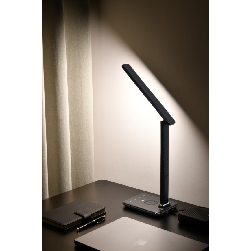 Dimmbare LED-Tischlampe mit kabelloser QI- und USB-Ladung KINGFISHER LED/8,5W/230V schwarz