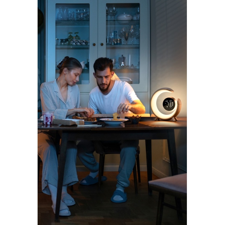 Dimmbare LED-RGBW-Tischleuchte mit Wecker PEACOCK LED/20W/5V USB