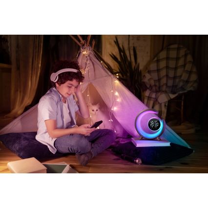 Dimmbare LED-RGBW-Tischleuchte mit Wecker PEACOCK LED/20W/5V USB