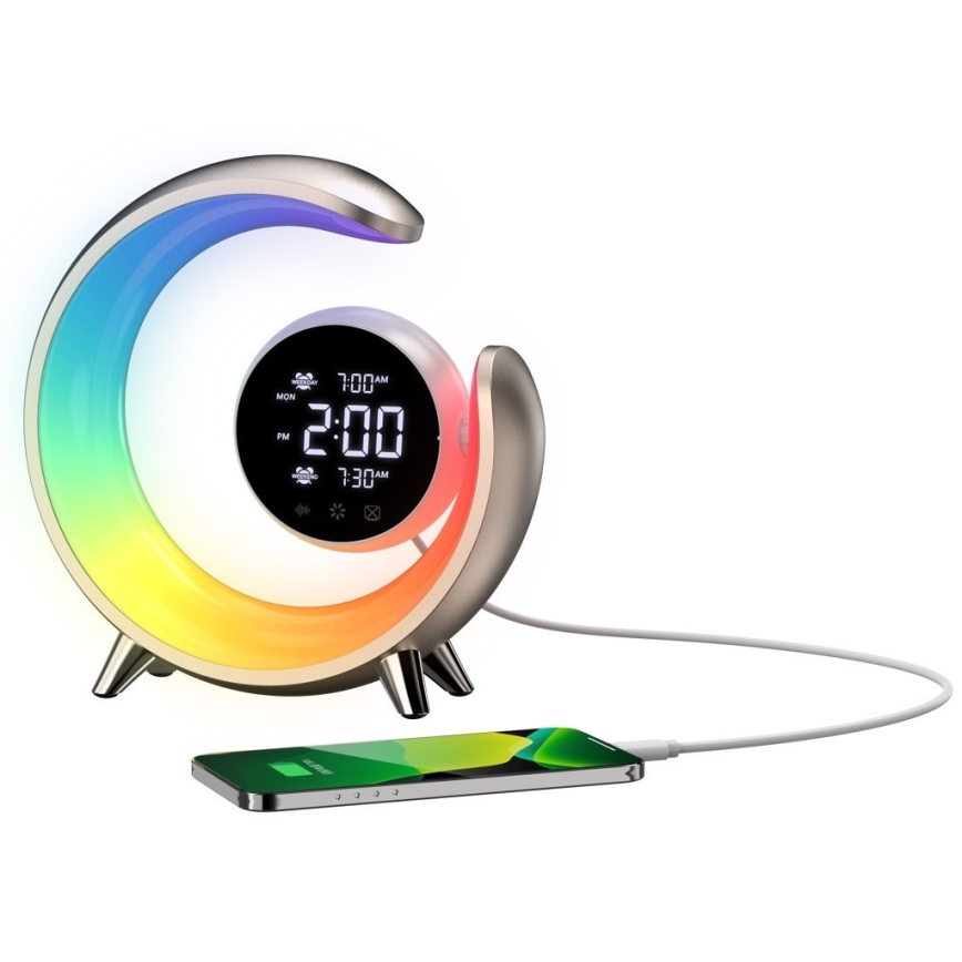 Dimmbare LED-RGBW-Tischleuchte mit Wecker PEACOCK LED/20W/5V USB